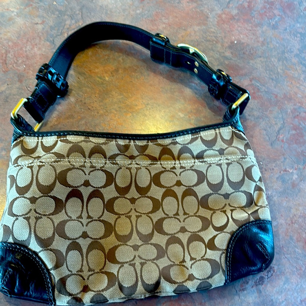 tan bag with black and gold buckle strap